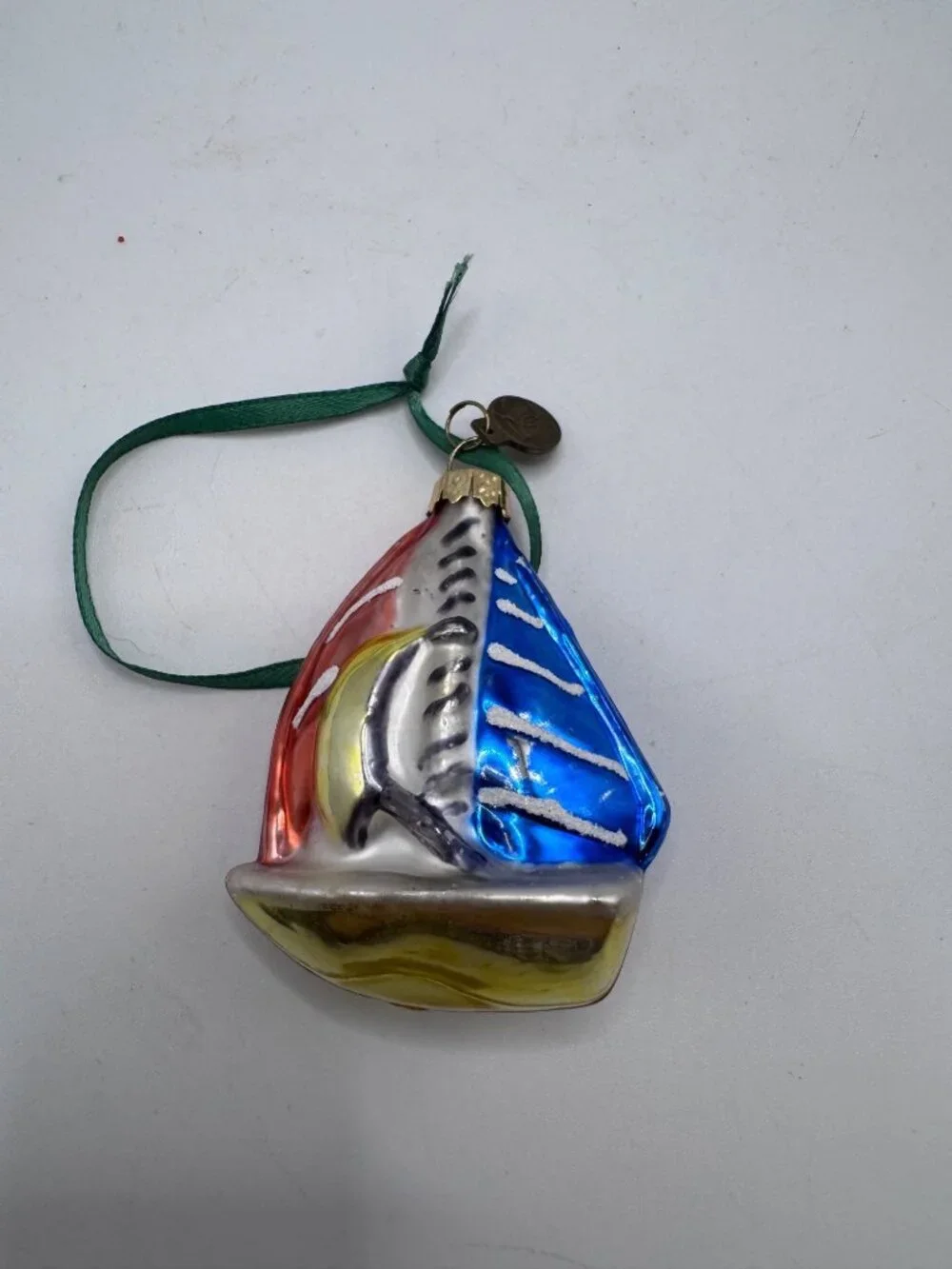 Vintage Dept 56 Tiny Trimmings Glass Sailboat Ornament Red Blue Sails Hand-Paint